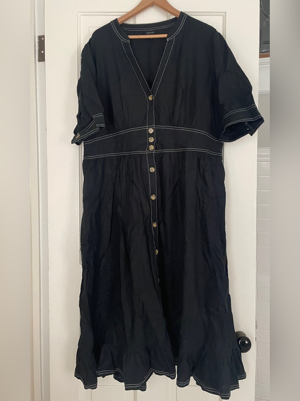 Who What Wear Black Linen-Blend Midi Dress with Contrast Stitching